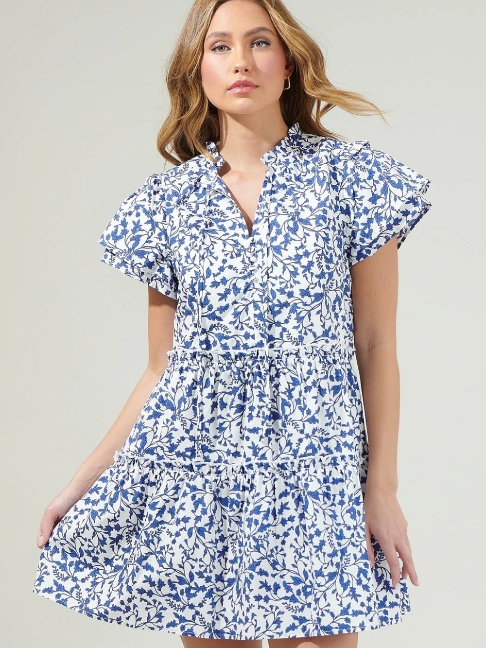 Sugarlips Blue & White Floral Tie-Neck Smocked Mini Dress - Picture 2 of 3